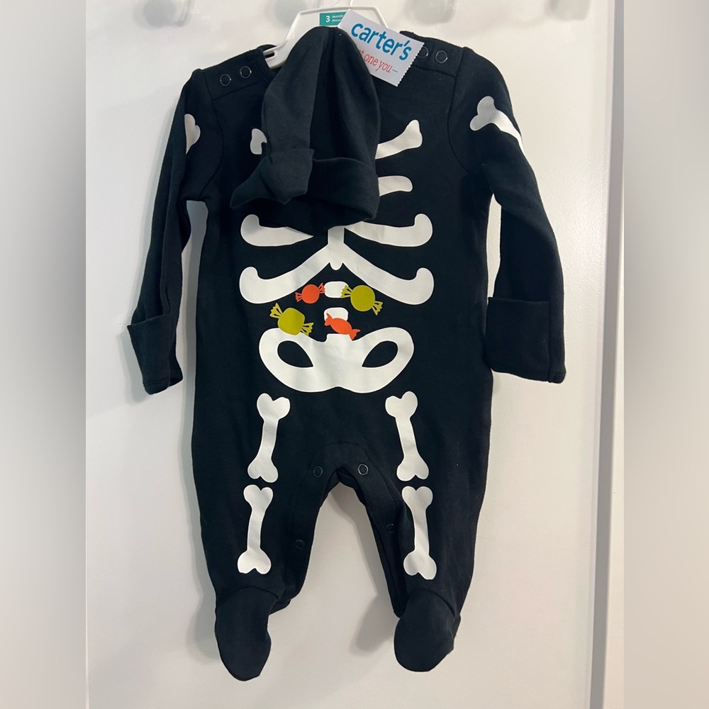 Carters Halloween One Piece 3 Month Skeleton Candy Long Sleeve Sleeper Hat Set